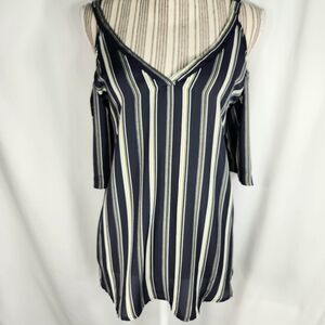 Sienna Sky Navy w/Yellow & White Stripes Short Sleeve Cold Shoulder Top Medium
